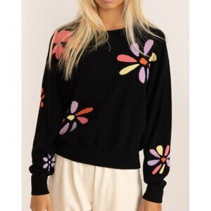 CRUSH CASHMERE Tropical Floral Cashmere Sweater Black Multi Size 0 XS
